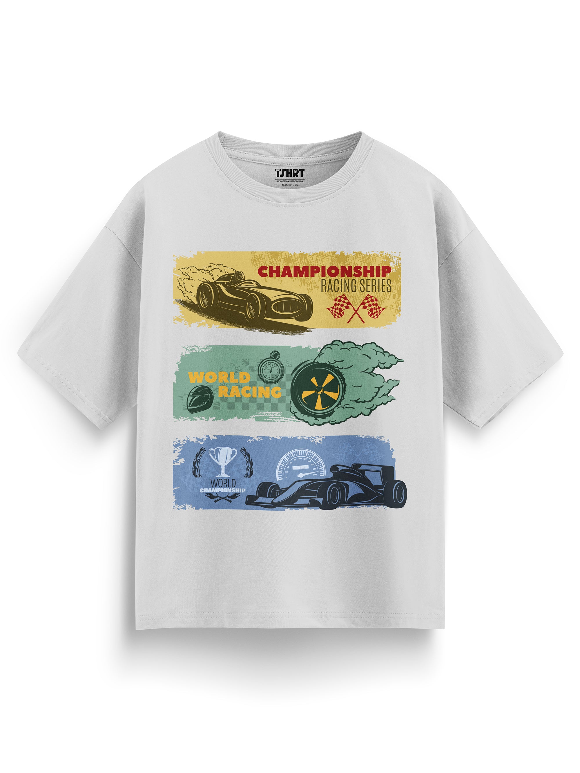 Off White Oversized t-shirt with racing car graphics on a white background