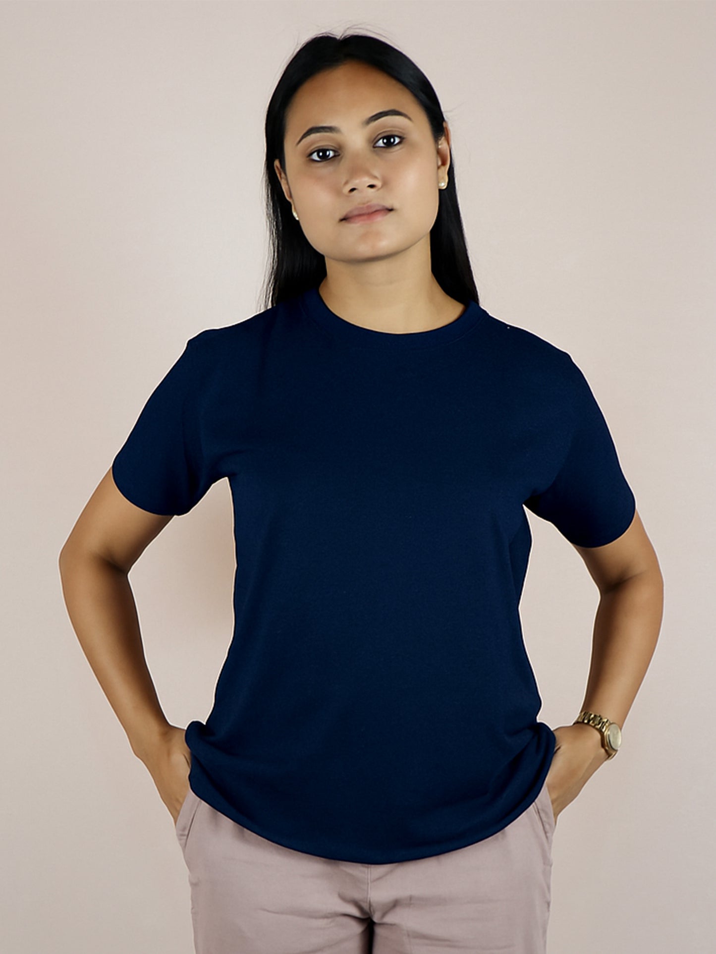 Plain Navy Blue Pure Cotton T-Shirt For Women | Half Sleeves | Round Neck