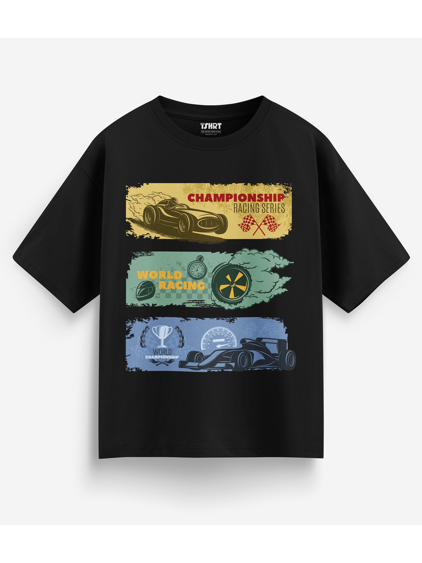 Black oversized t-shirt with colorful racing graphic design on a white background
