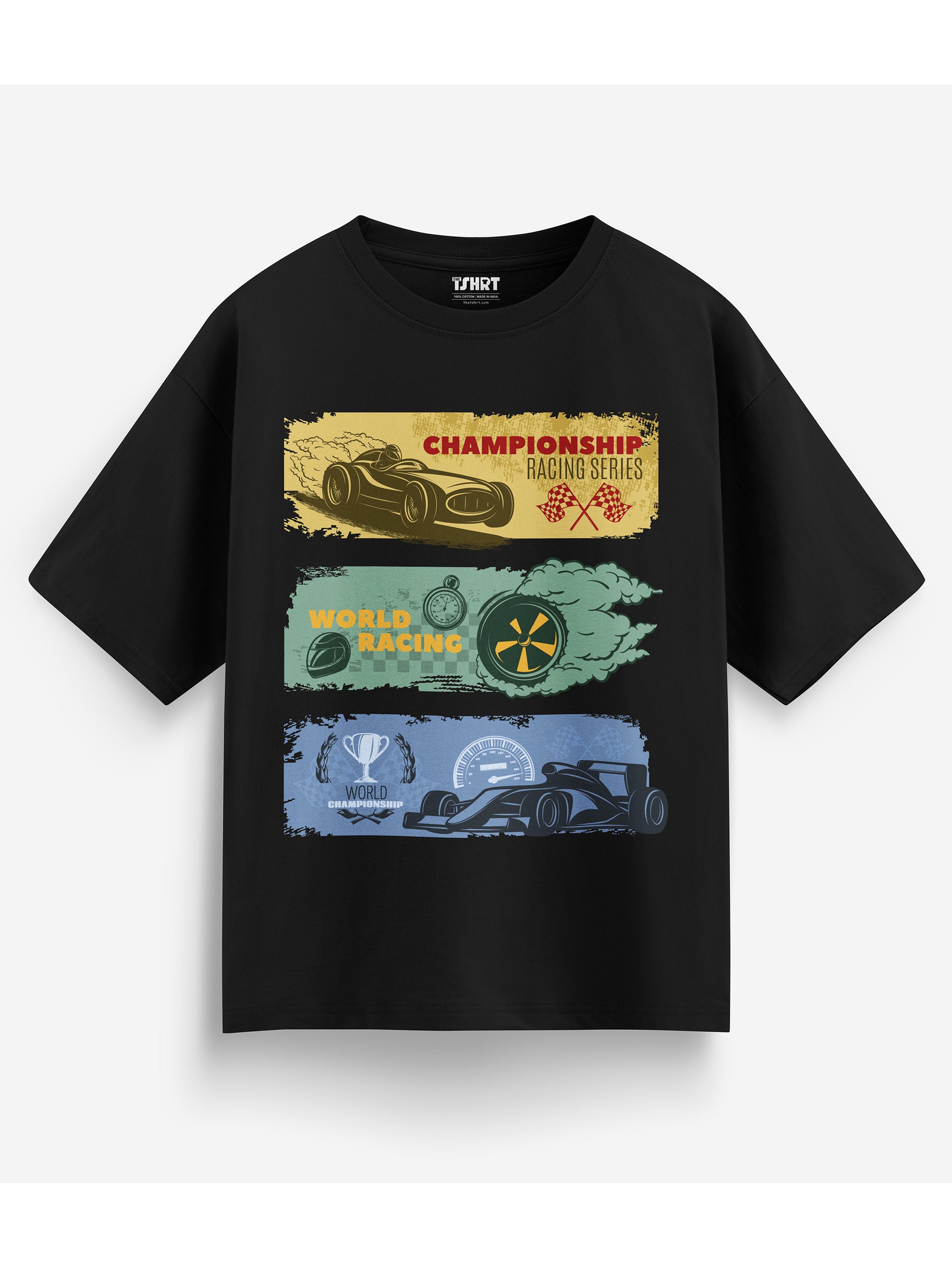 Black oversized t-shirt with colorful racing graphic design on a white background