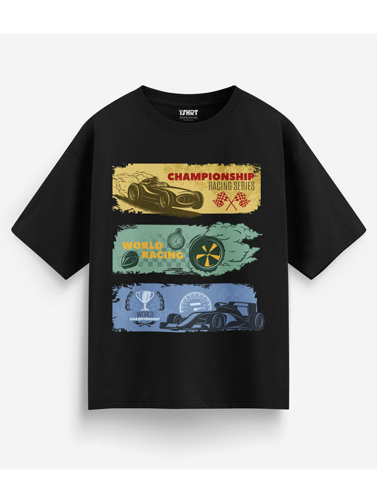 Black oversized t-shirt with colorful racing graphic design on a white background