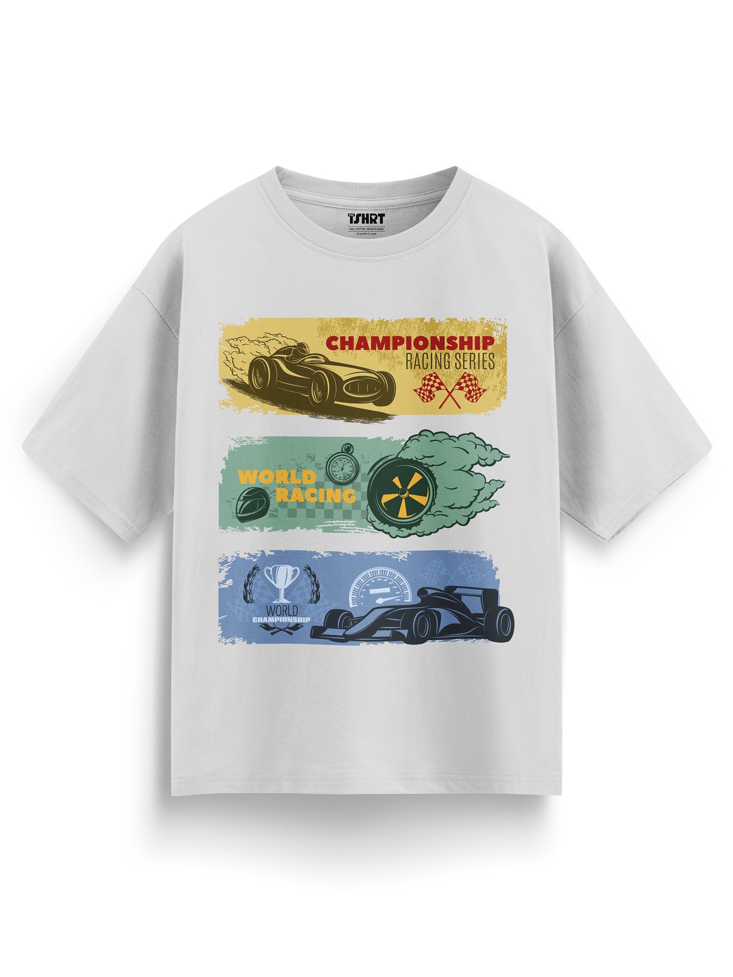 Off White Oversized t-shirt with racing car graphics on a white background