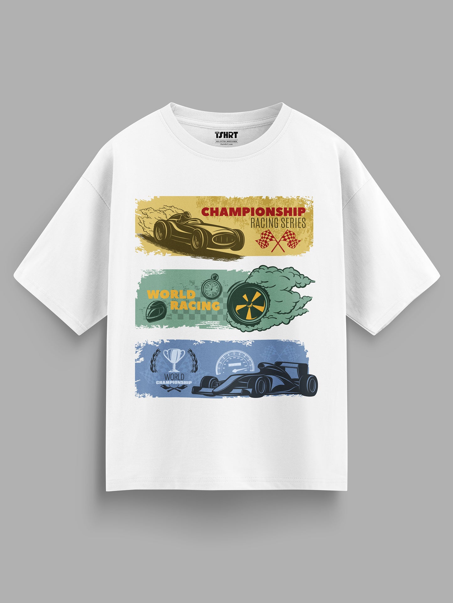 White oversized t-shirt with racing-themed graphics on a gray background