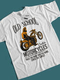 White t-shirt with 'Old School Custom Motorcycles' graphic and text on a teal background
