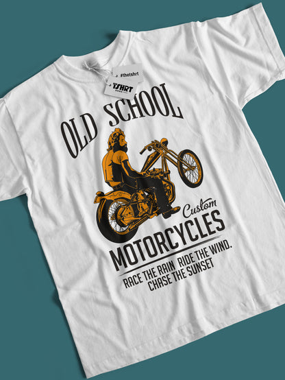 White t-shirt with 'Old School Custom Motorcycles' graphic and text on a teal background