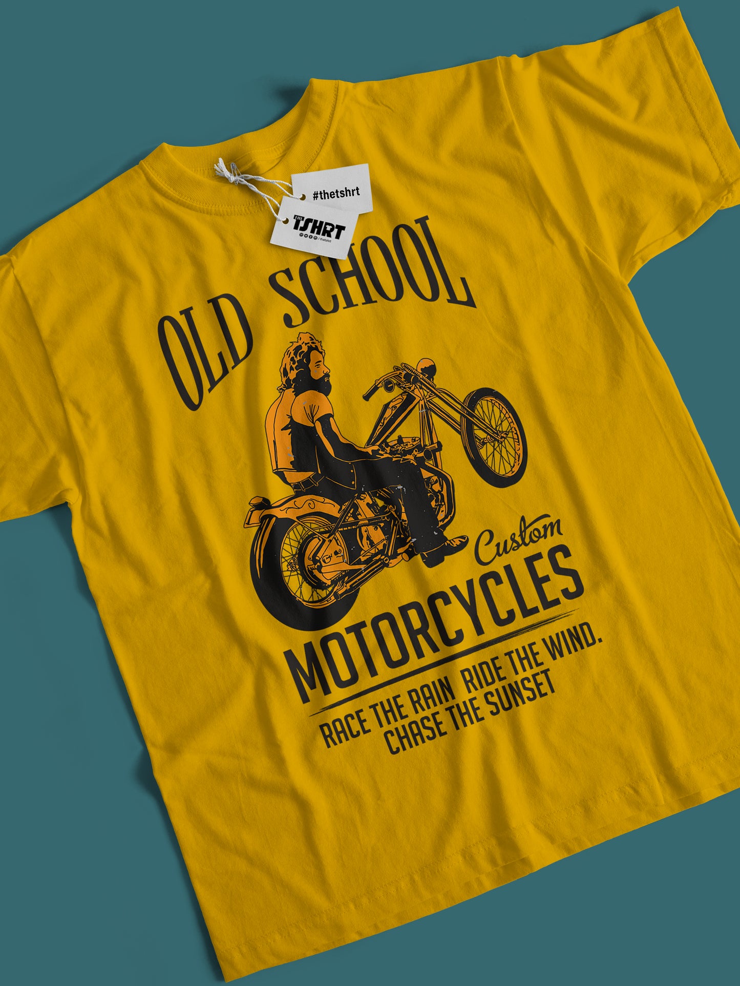 Yellow t-shirt with 'Old School Custom Motorcycles' graphic and text on a solid background