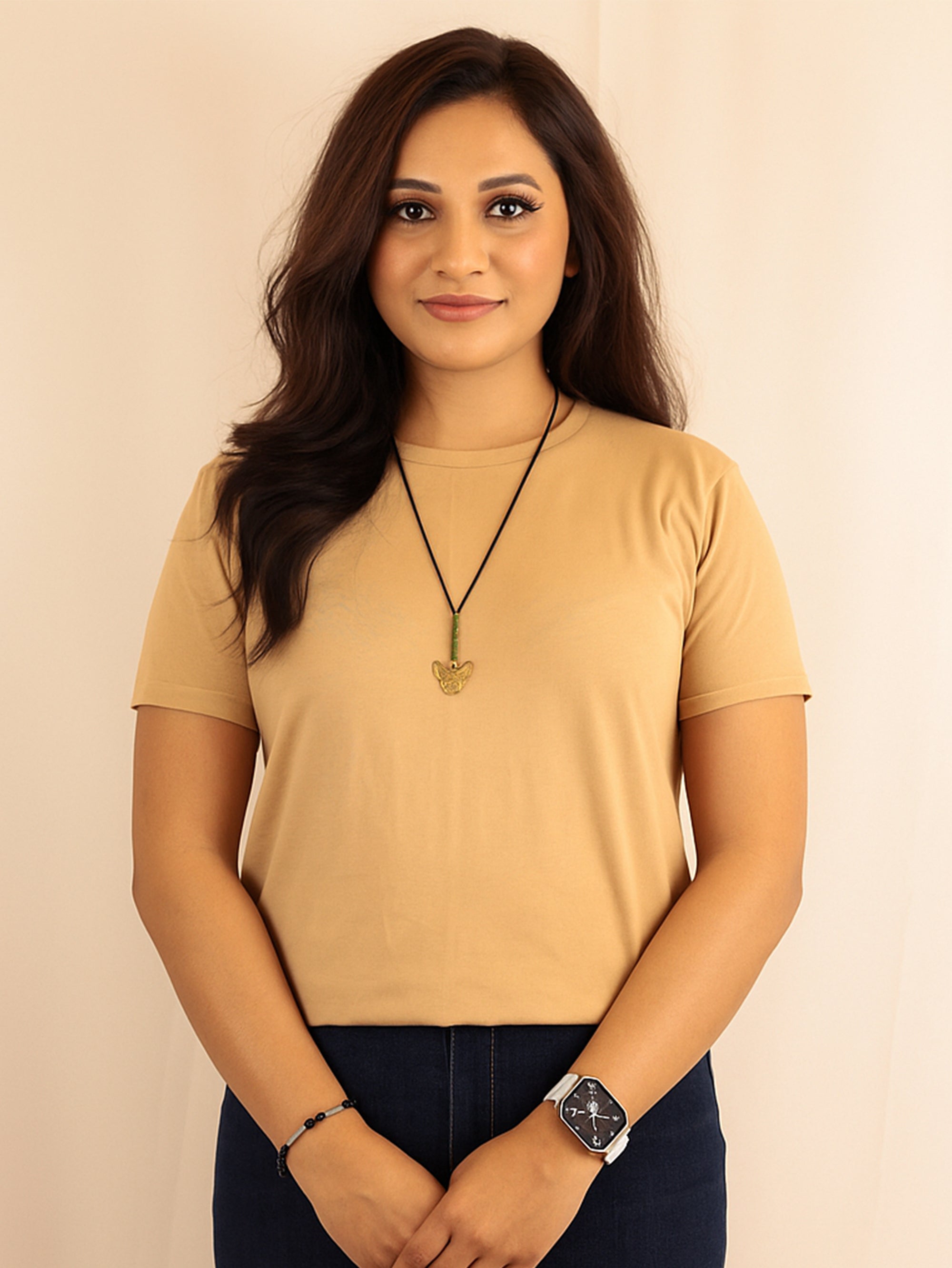Plain Beige Pure Cotton T-Shirt For Women | Half Sleeves | Round Neck