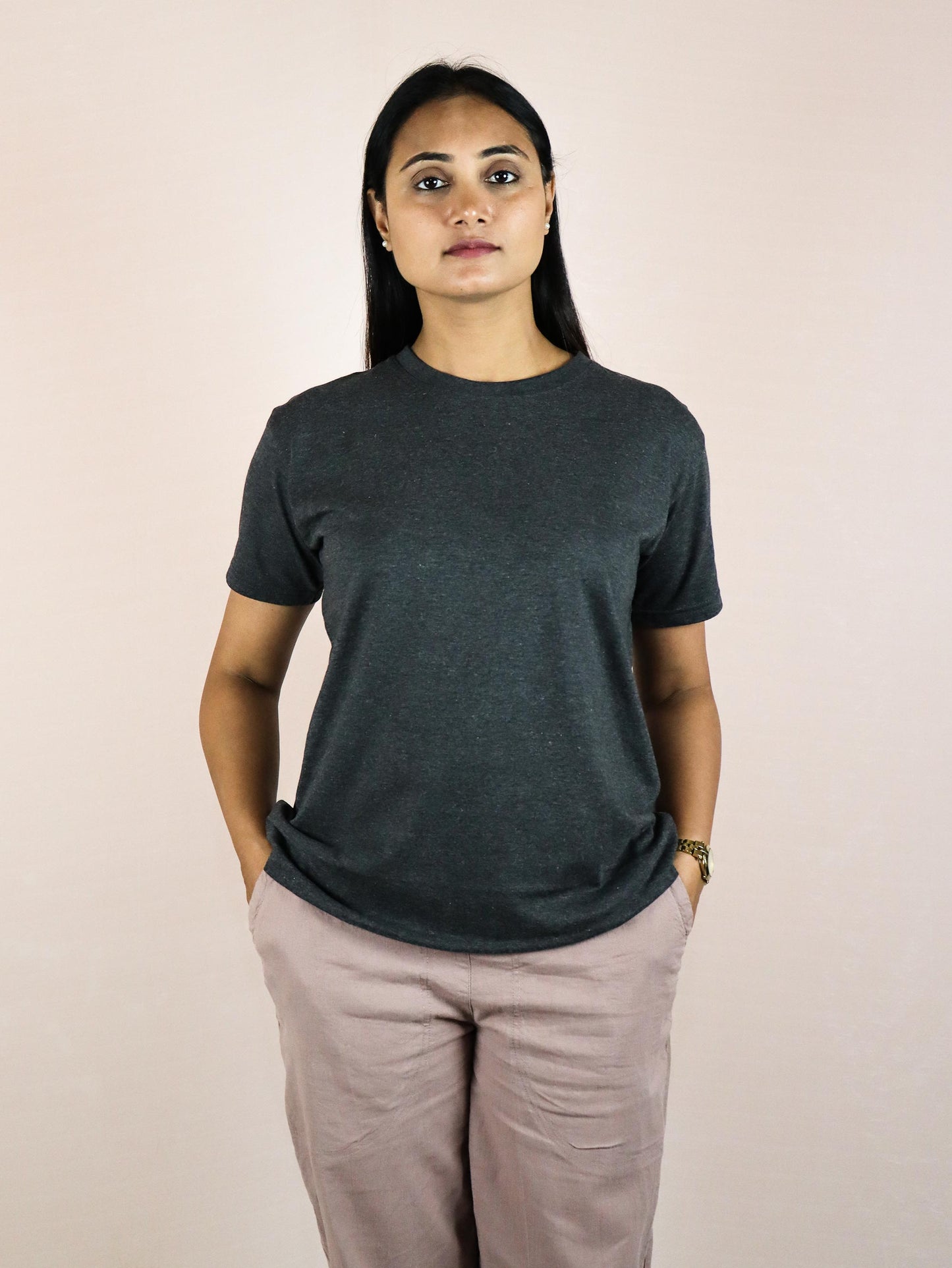 Plain Charcoal Pure Cotton T-Shirt For Women | Half Sleeves | Round Neck