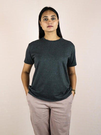 Plain Charcoal Pure Cotton T-Shirt For Women | Half Sleeves | Round Neck