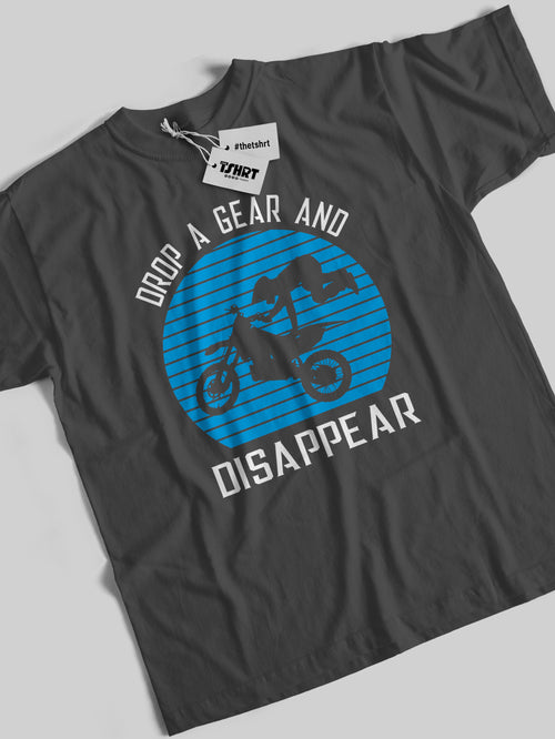 Gray pure cotton t-shirt printed "Drop a gear and disappear"