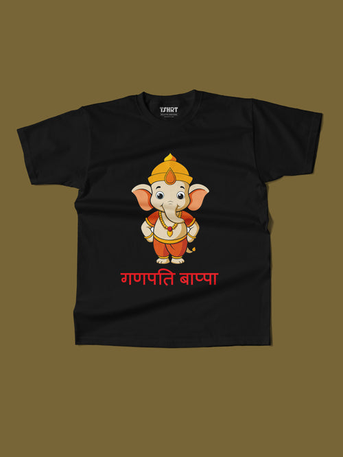 Ganpati t-shirt with a design of ganesha idol in cartoon effect on black tshirt. round neck half sleeve cotton 