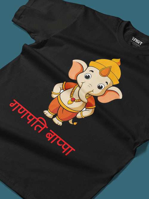 Black round neck premium cotton t-shirt for kids with Ganpati design on it.