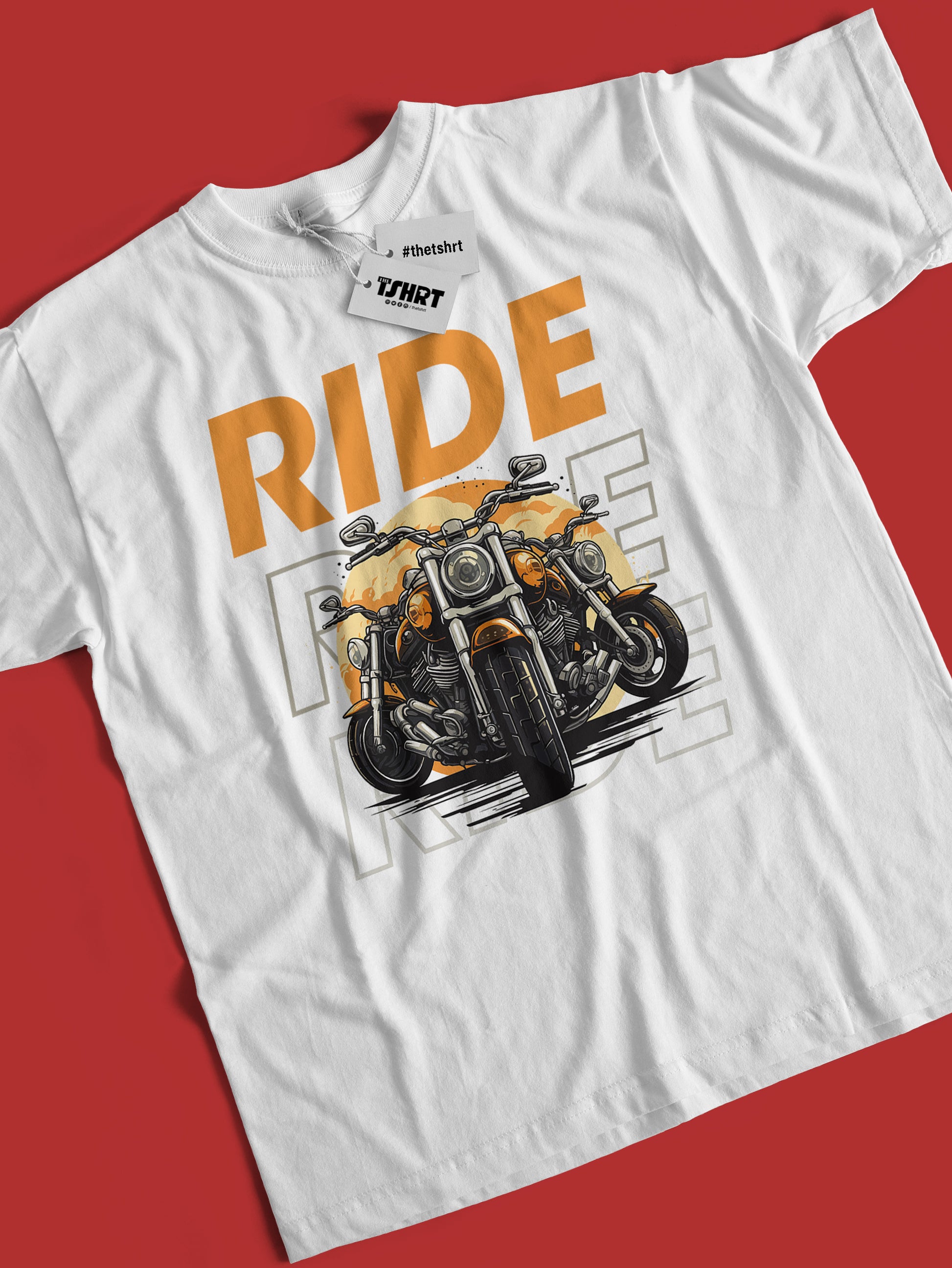 White pure cotton t-shirt with a motorcycle graphic and 'RIDE' text