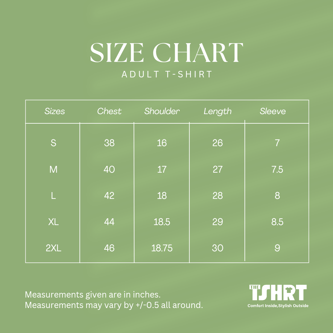 Unisex Indian size chart for T-shirts