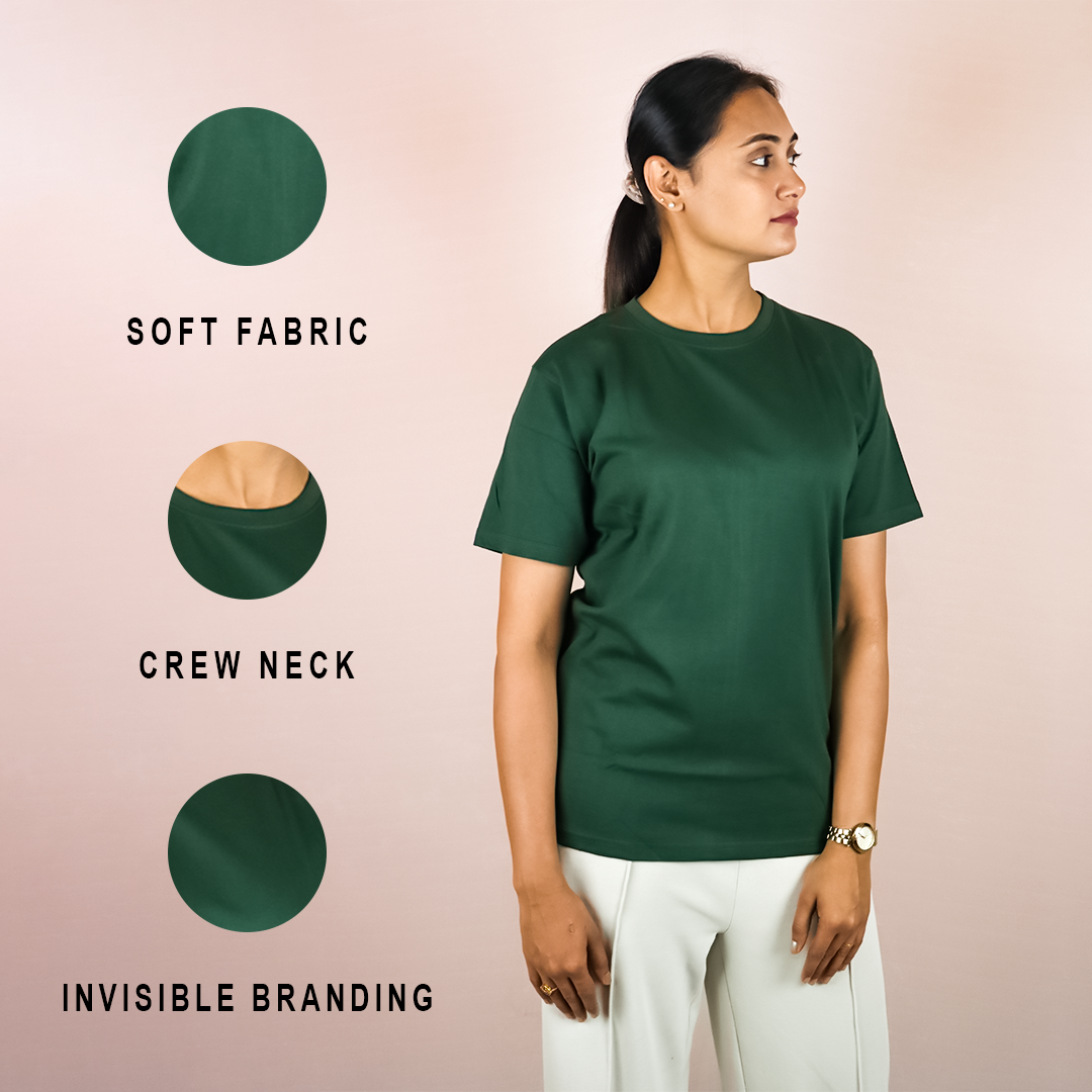 Plain Dark Green Pure Cotton T-Shirt For Women | Half Sleeves | Round Neck