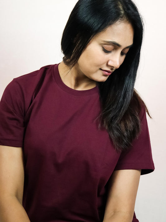 Plain Wine Color Pure Cotton T-Shirt For Women | Half Sleeves | Round Neck