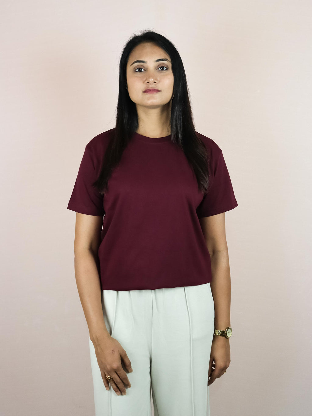 Plain Wine Color Pure Cotton T-Shirt For Women | Half Sleeves | Round Neck