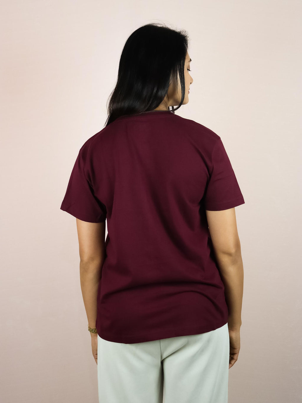 Plain Wine Color Pure Cotton T-Shirt For Women | Half Sleeves | Round Neck