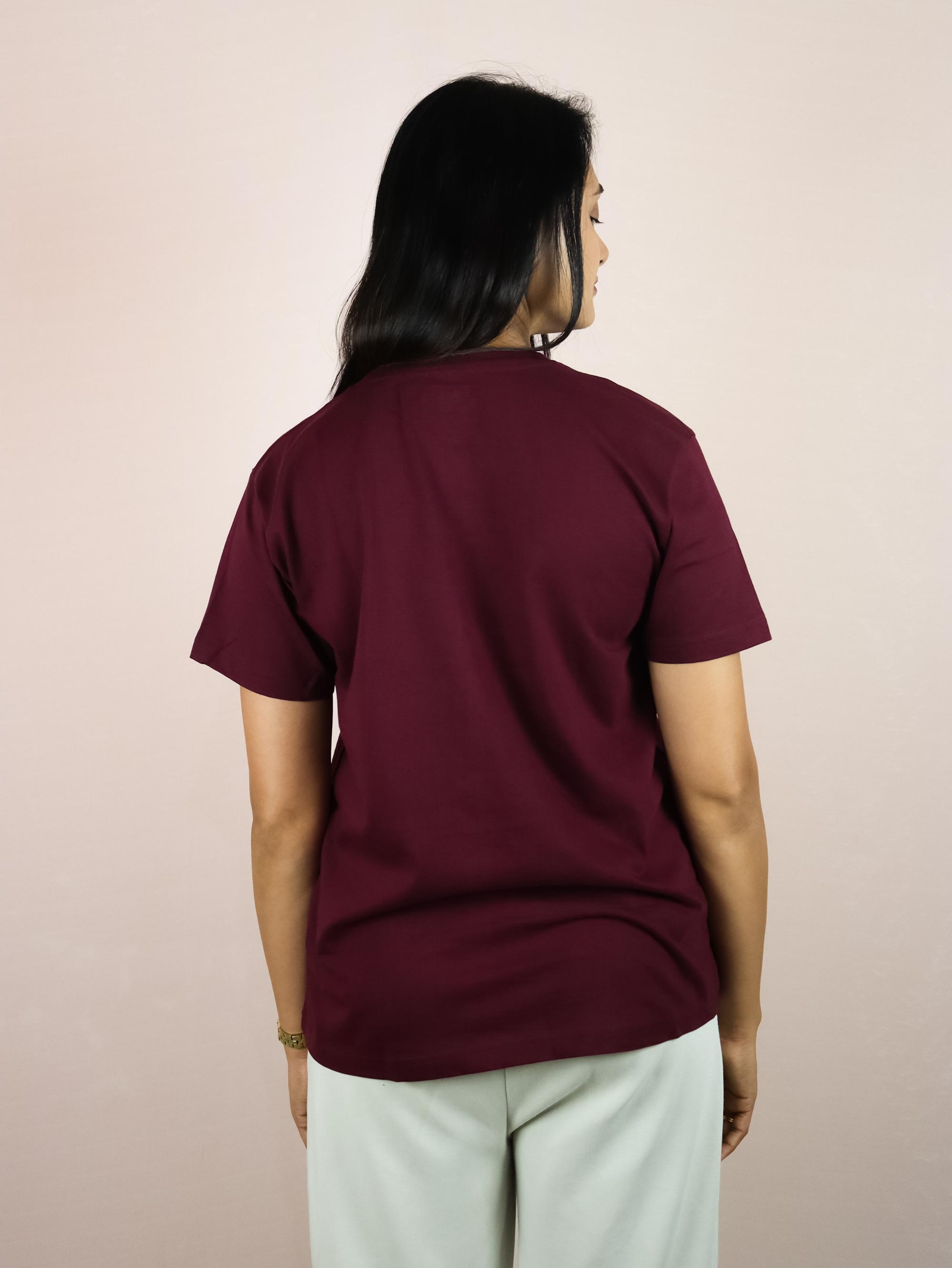 Plain Wine Color Pure Cotton T-Shirt For Women | Half Sleeves | Round Neck