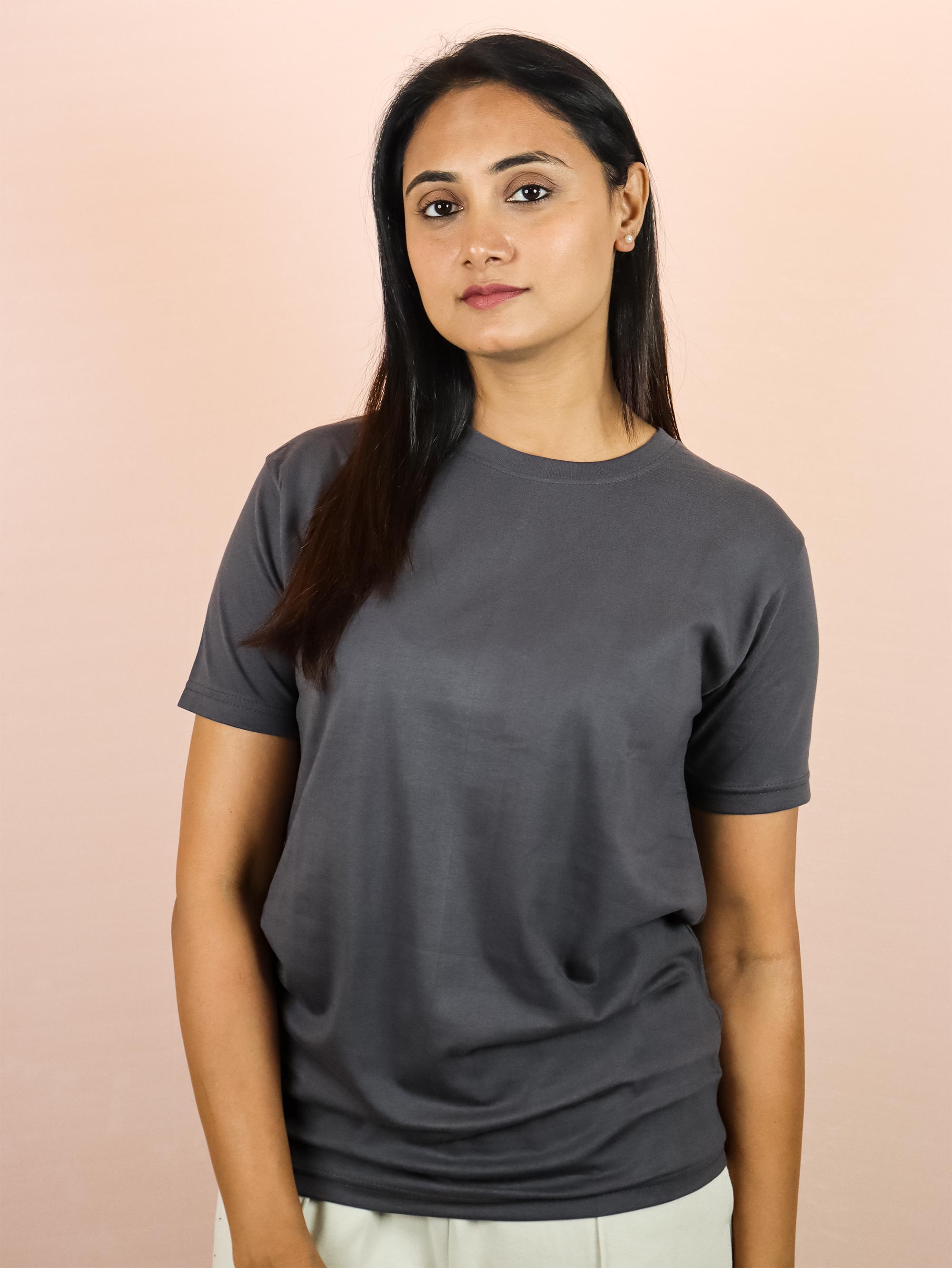 Plain Asphalt Grey Pure Cotton T-Shirt For Women | Half Sleeves | Round Neck