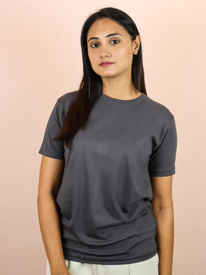 Plain Asphalt Grey Pure Cotton T-Shirt For Women | Half Sleeves | Round Neck