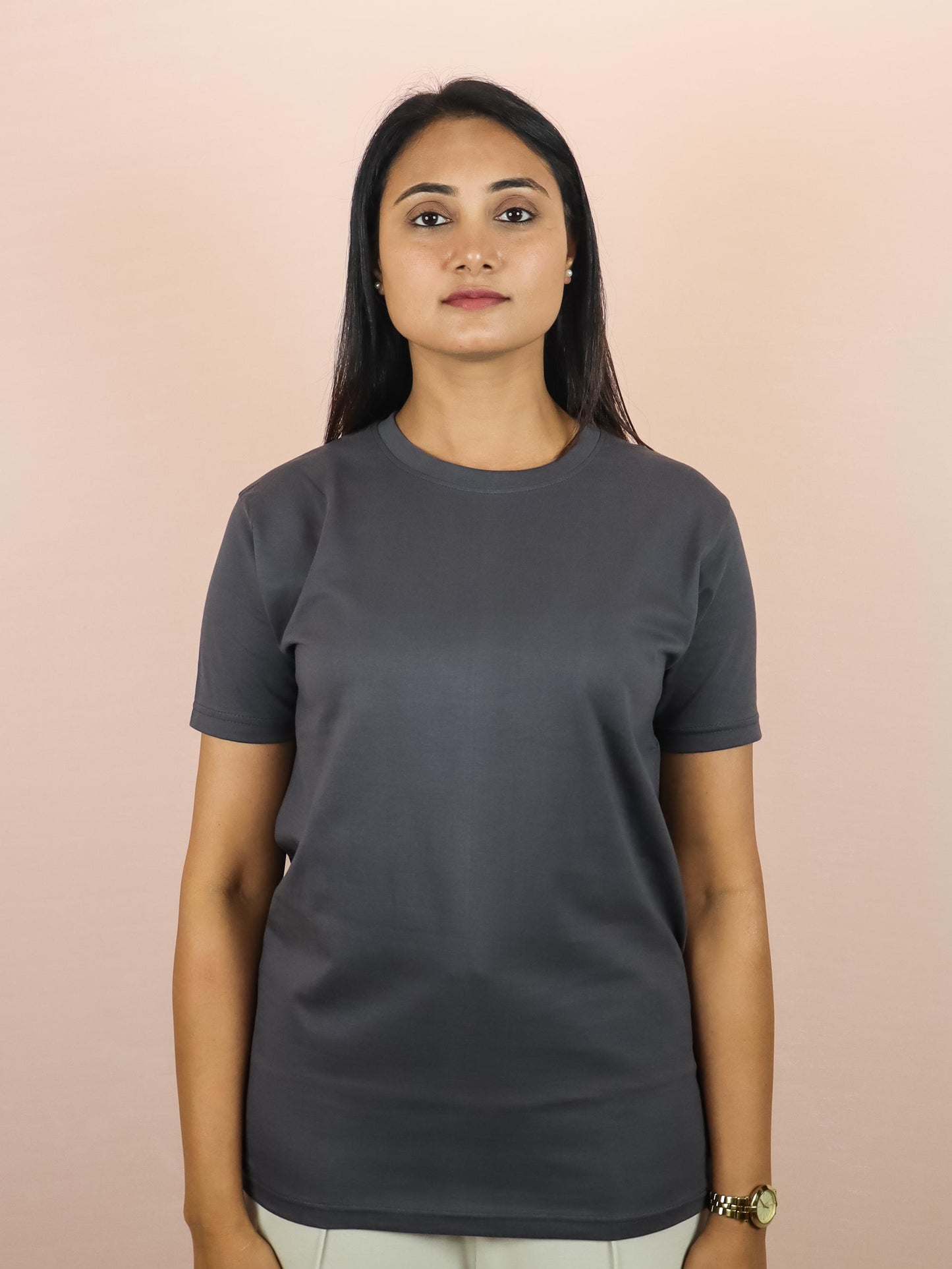 Plain Asphalt Grey Pure Cotton T-Shirt For Women | Half Sleeves | Round Neck