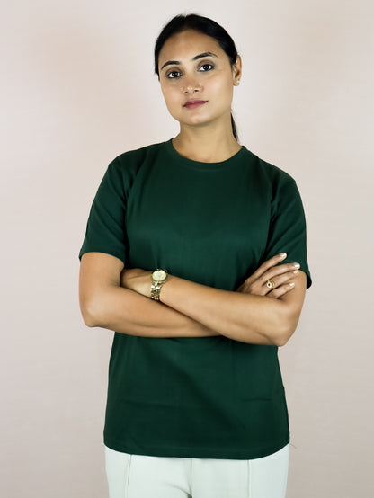 Plain Dark Green Pure Cotton T-Shirt For Women | Half Sleeves | Round Neck