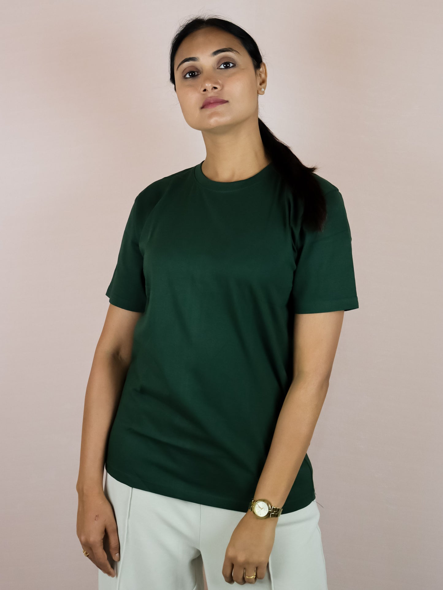 Plain Dark Green Pure Cotton T-Shirt For Women | Half Sleeves | Round Neck