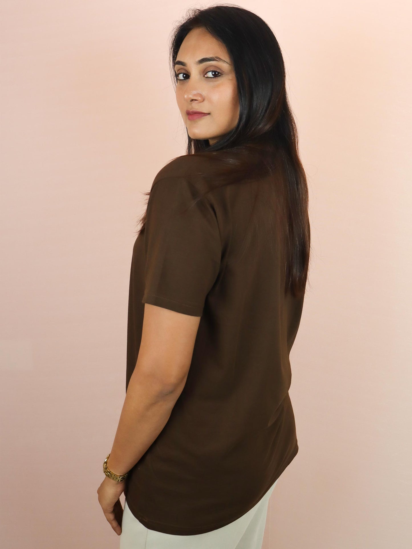 Plain Chocolate Brown Pure Cotton T-Shirt For Women | Half Sleeves | Round Neck