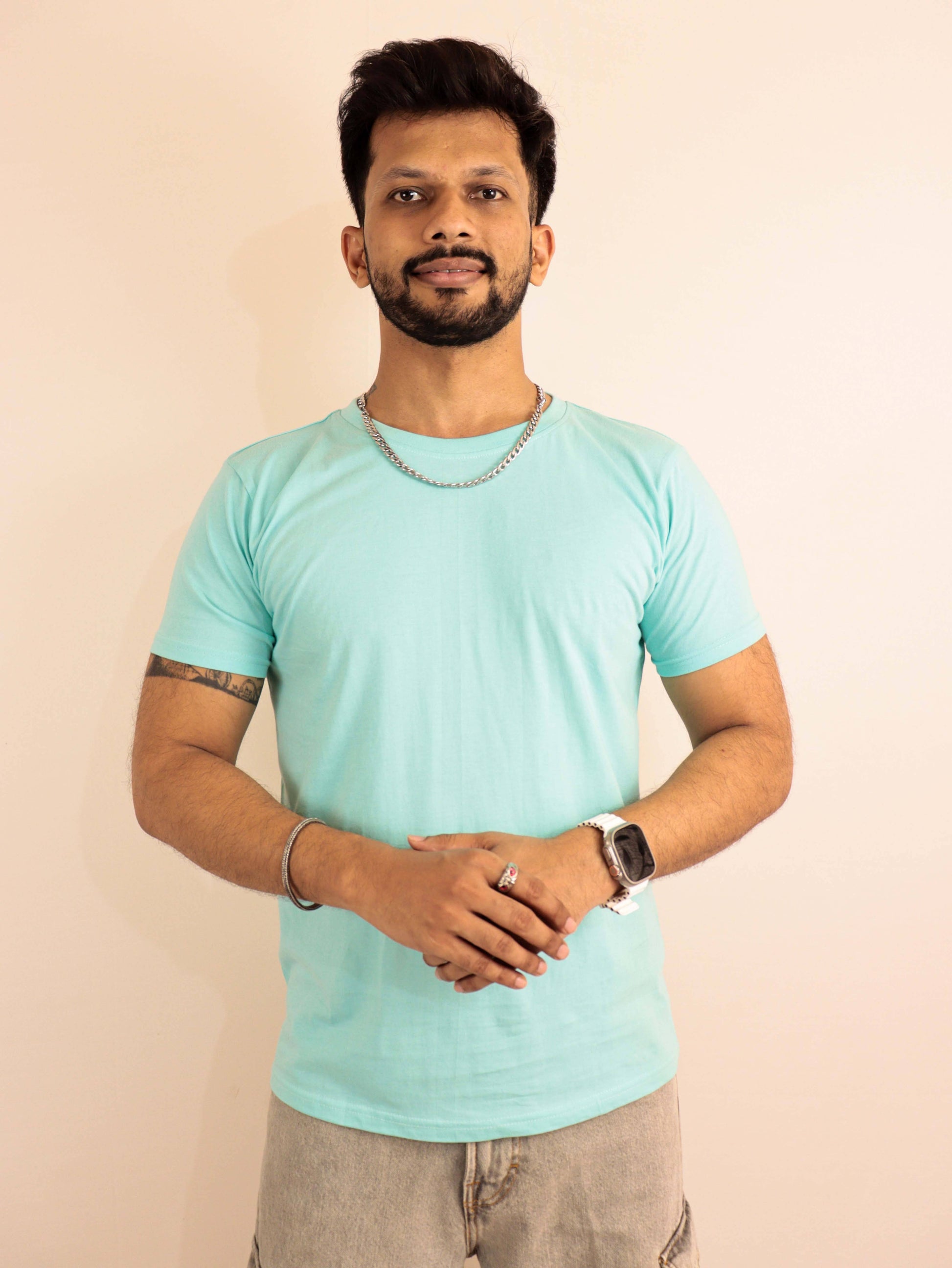 Pure cotton plain mint green t shirt Online