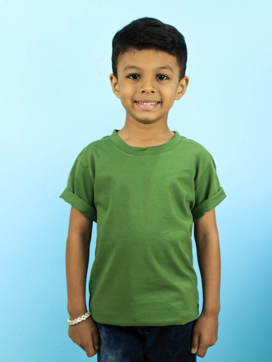 Plain Olive Green Cotton T-Shirt for Kids | Half Sleeves | Round Neck