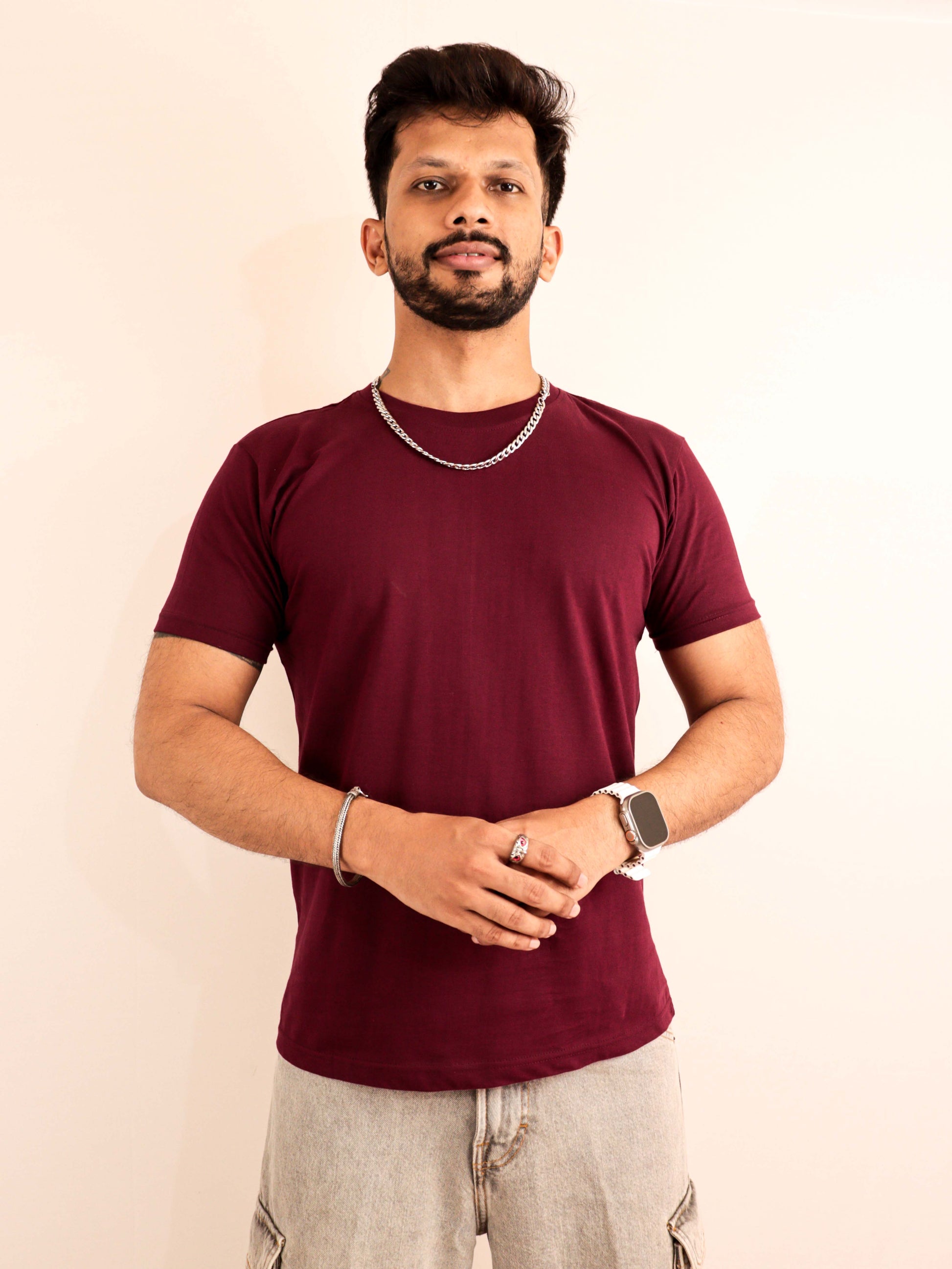 Pure Cotton plain wine colour t shirt for men